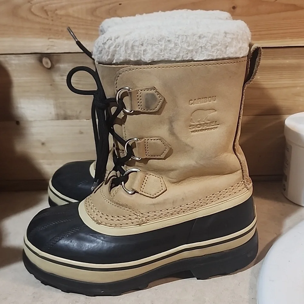 Sorel Caribou Tan Brown Leather Waterproof Insulated Snow Boots Winter Size 2